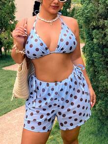 Swim Mod Plus Size Women's Sweet New Elegant Bohemian Style Light Blue Polka Dot 2-Piece Bikini Set, Includes Mesh Cover-Up Shorts, Sexy Halter Triangle Top And Tie-Front Bottoms, Retro Polka Dot Print Swimwear, Suitable For Summer Pool Parties, Beach Outings, Music Festivals, Tropical Brunch, Beach Pool Parties, Island Vacations, Showcasing A Modern Flair. - Blue - View 5