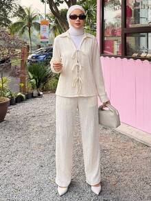 DAZY Women's Loose Casual Vacation Style Long Sleeve Shirt And Straight Leg Pants 2 Pieces Set, Spring/Summer Lounge Sets For Women - Beige - View 2
