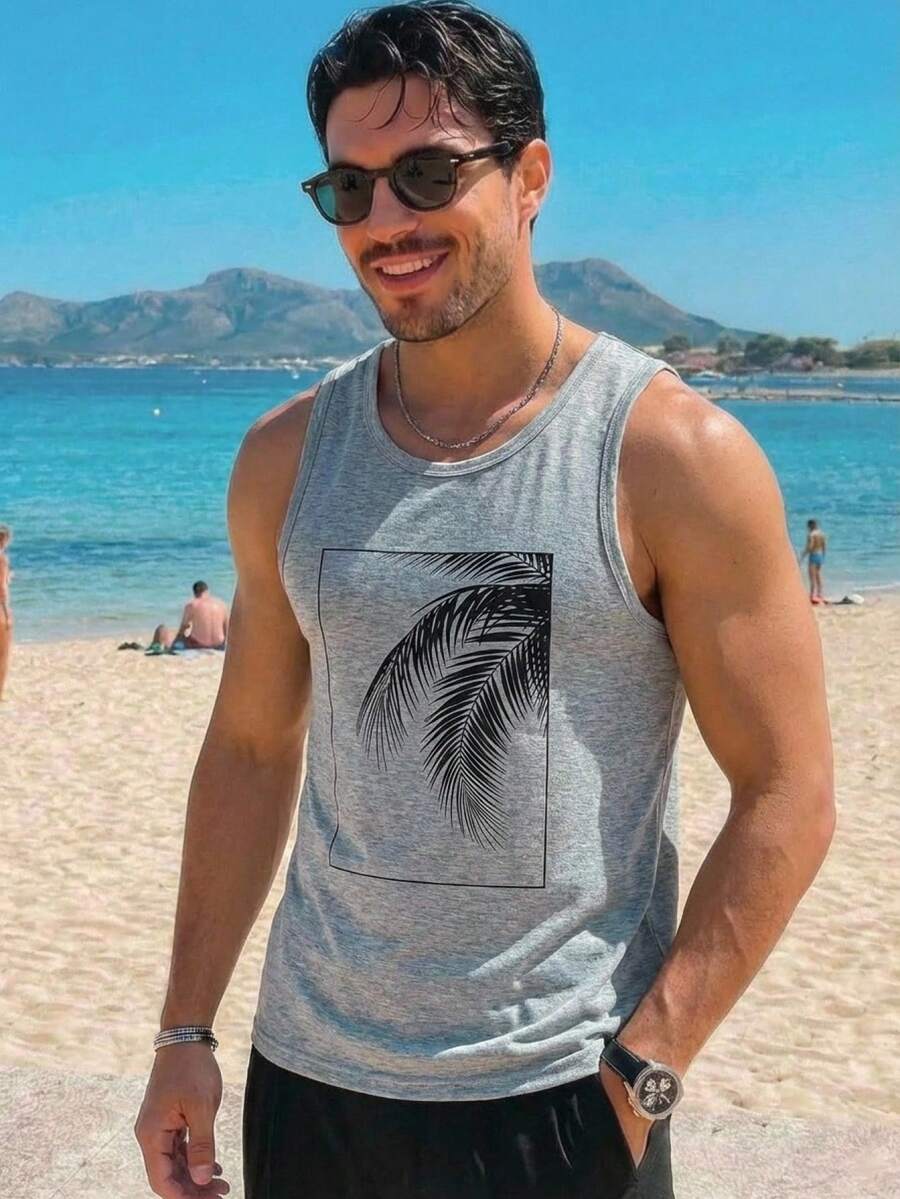 HIMLAND Men Tropical Print Tank Top - Grey - View 1