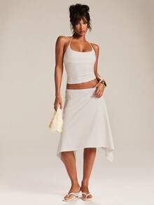 SHEIN BAE Chân váy nữ thanh lịch màu trơn phối ren, cạp thấp, thích hợp cho mùa hè. - trắng - Xem 5