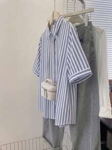 SHEIN Unity Women's Spring Summer Vertical Blue And White Stripe Shirt Classic Short Cuffed Sleeve Button Down Blouse Flattering Work Vacation Office To Weekend - Blue and White - View 4