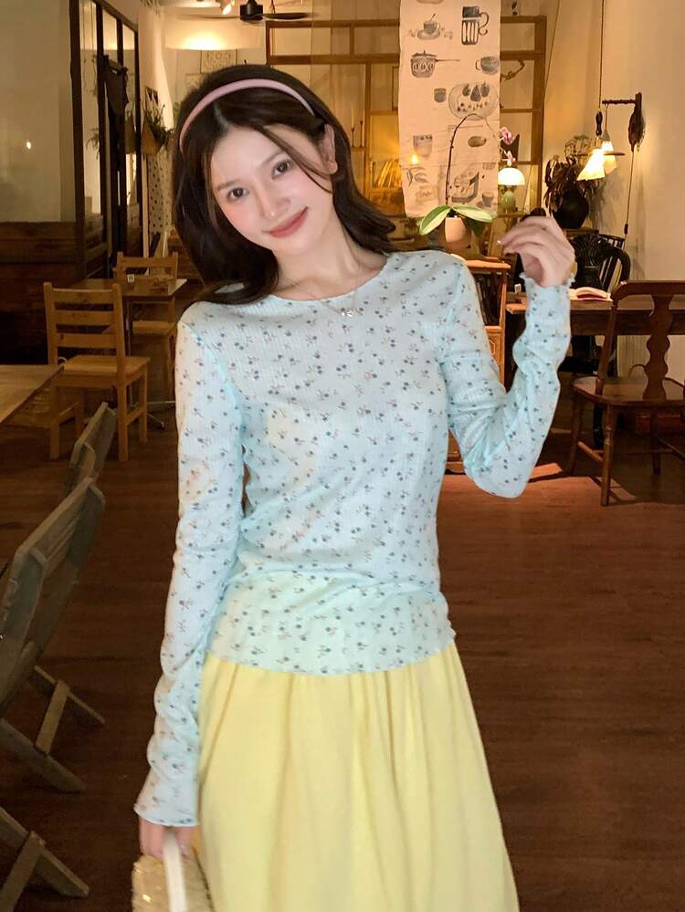 Women's Round Neck Full Print Korean Style Long Sleeve Top