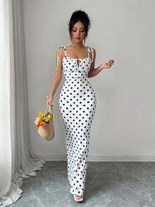 Rafferiza Women's Contrast Color Polka Dot Print Spaghetti Strap Dress - Black and White - View 7