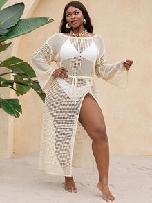SHEIN Swim Plus Size Women Vacation Slit Knitted Crochet Long Cover Up Dress Beach Vacation Beige Summer Sexy - Apricot - View 7