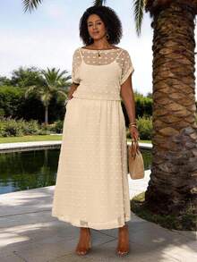 Zaforene Plus Size Women's Polka Dot Batwing Sleeve Top And Skirt 2-Piece Set,Beige,Summer,Sequin,Tropical,Tea Party Vacation Wedding Guest,Holiday Beach - Apricot - View 6