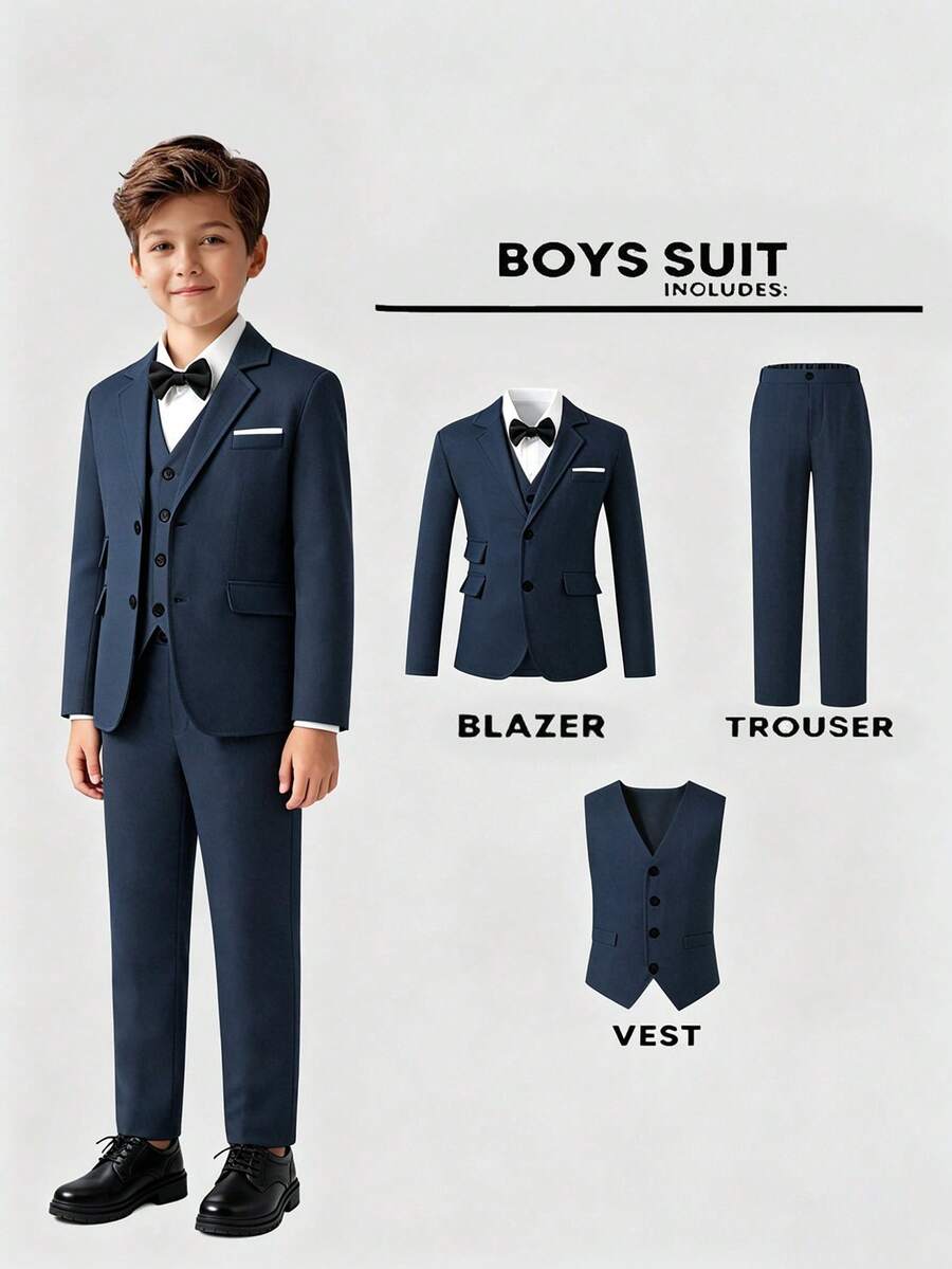 SHEIN Conjunto de 3 piezas para niños: Chaqueta de manga larga + Chaleco sin mangas + Pantalones, diseño minimalista casual, adecuado para adolescentes para recitales de piano/violín, graduación, boda, fiesta de cumpleaños, Día de San Valentín, eventos de primavera, ocasiones formales - Neblina azul - Ver 1