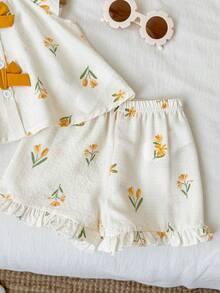 SHEIN 2件套女婴/幼儿休闲碎花短袖衬衫和短裤套装，夏季度假风 - 黃色 - 查看 5