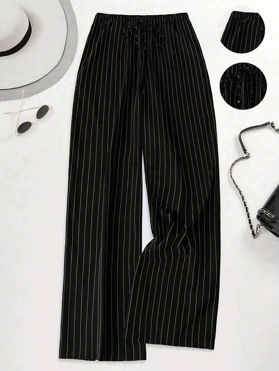 SHEIN Tall CURVE Quần dài tối giản đa năng dành cho nữ cỡ lớn, quần tây thường ngày chất lượng cao, tôn dáng với đường nét đơn giản, thanh lịch. - Đen và trắng - Xem 1