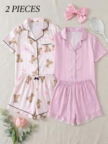Girls' Pink And White Striped Faux Silk Pajama Set,Cute Summer Sleeping Loungewear,Collared Button-Front Top & Ruffle Hem Shorts Comfortable For Daily - Mauve Purple - View 8