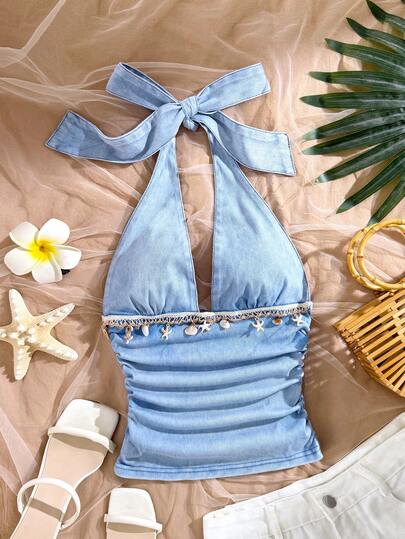 Soleia Áo sơ mi denim cổ buộc dây đơn giản màu trơn dành cho nữ, thích hợp mặc hàng ngày.