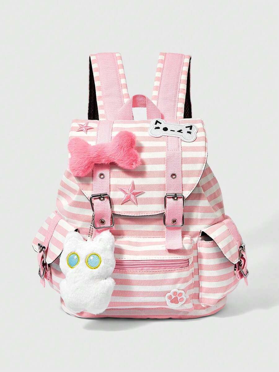 ROMWE Anime 1 Stück rosa und weiß Punk College Stil Katzenpfoten Abdruck Knochen Stern kontrastfarbiger Streifen Multi-Taschen Rucksack, Mode und Lässig Unisex Rucksack mit großer Kapazität, geeignet für Pendeln und Schule - rosa weiß - Übersicht 1