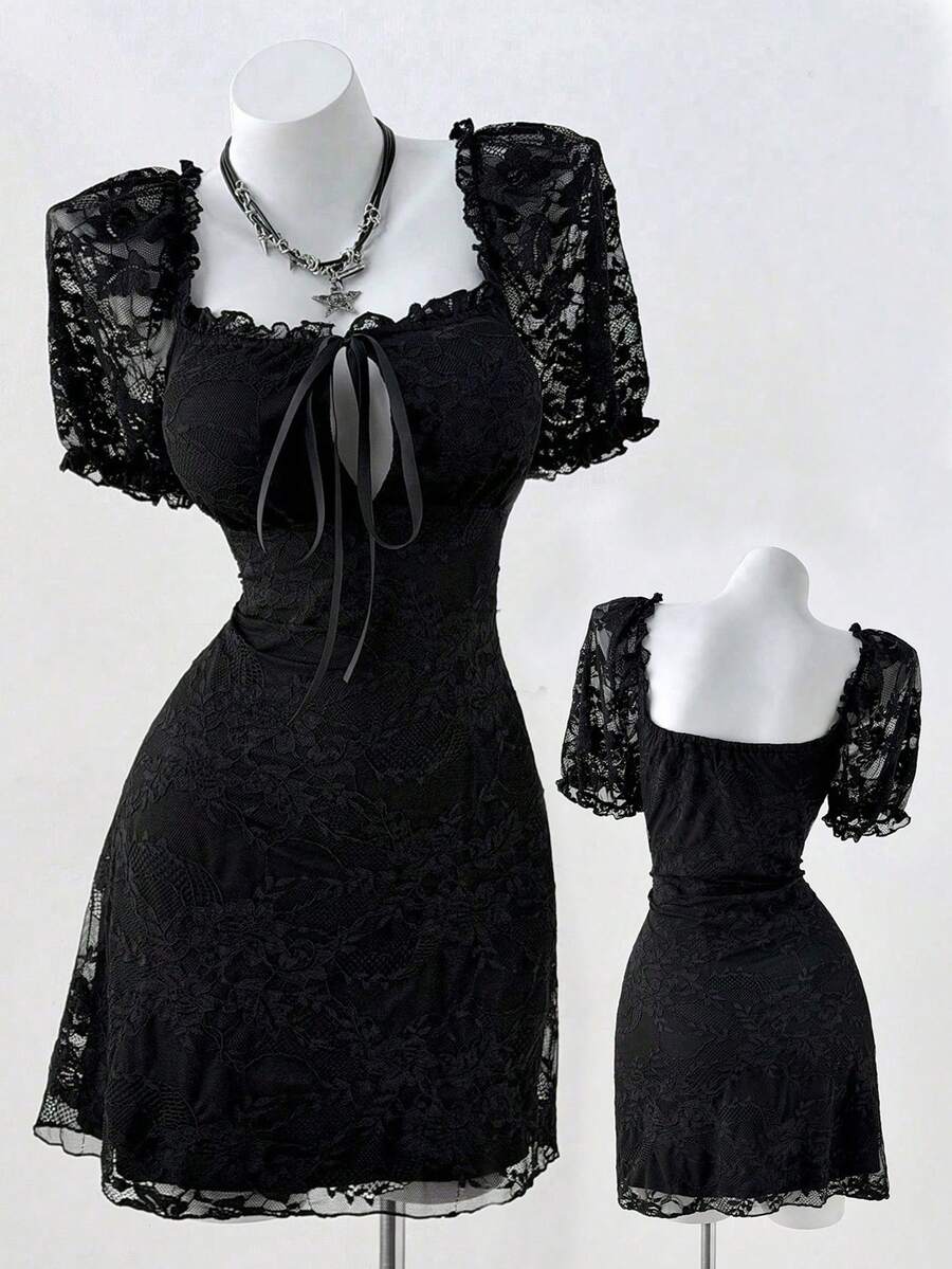 SHEIN Tall CURVE Gaun Lengan Pendek Leher Pita Renda Ukuran Besar - Hitam - View 1