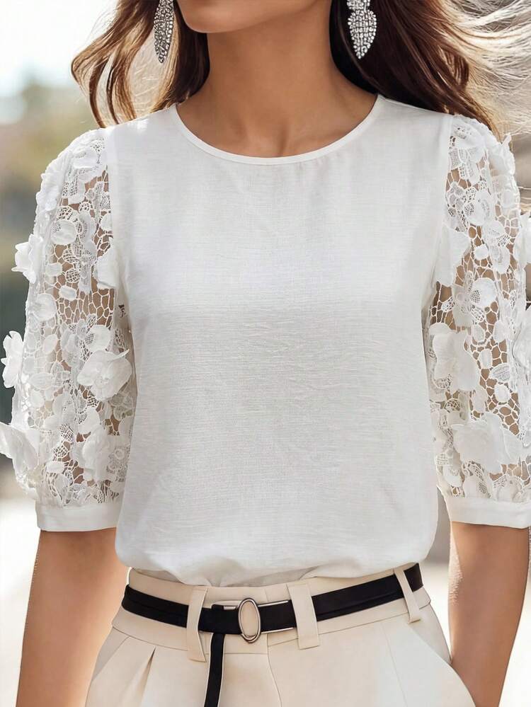 Embroidered Splice Sleeve Elegant Blouse,Summer Tops For Women,Summer Outfits,Festival Outfits For Women,Mother's Day ,Elegant Blouse For Women,Vacation Outfits Women,White Blouse Blouses For Women Elegant Blouses Lace Sleeves Casual Tops,Summer Tops,Festival Outfits For Women,Going Out Tops,Elegant Women's Blouses,White Top