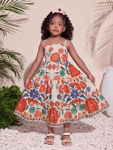 Young Girl Summer Beach Vacation Chiffon Floral Pattern Bow Decor Vacation Slip Dress - Multicolor - View 4