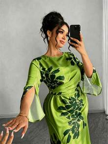Elenzga 大码女士优雅通勤简约日常约会派对性感宴会开衩袖口修身杏色底黑色印花长裙 - Limelight Green - 查看 3