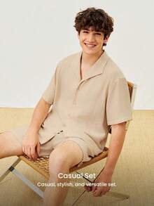 LUVLETTE Men's Linen Summer Minimalist Cozy Beige Pajama Set Short-Sleeve Button Top & Shorts Sleek Comfortable Lounge Wear - Khaki - View 7