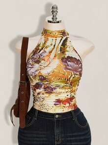 SHEIN ICON Plus Size Y2K 90s Summer Going Out Vacation Boho Western Country Concert Women's Sexy Backless Floral Print Halter Neck Top, Summer Beige - Yellow - View 4
