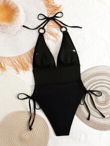 Swim SXY Sexy Halter Tie Side Rope One-Piece Swimsuit For Women, Spring/Summer - Black - View 2