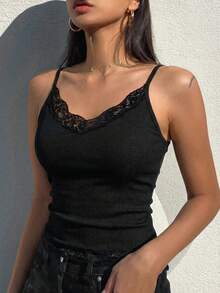 DAZY 女士纯色撞色蕾丝吊带背心 - 黑色 - 查看 2