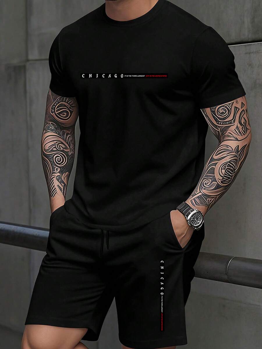 Manfinity Homme CHICAGO Letter Print Slim Fit Short Sleeve T-Shirt And Shorts Set, Mature Casual Versatile Classic T-Shirt And Shorts Set - Black - View 1