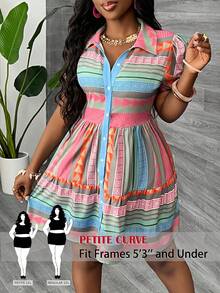 SHEIN PETITE CURVE Vestido holgado de manga acampanada con estampado geométrico, estilo vacacional, talla grande, verano - Multicolor - Ver 1