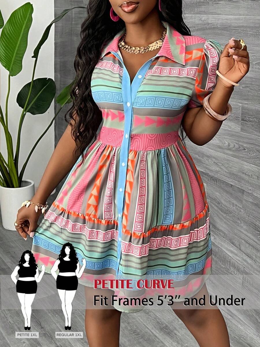 SHEIN PETITE CURVE Vestido holgado de manga acampanada con estampado geométrico, estilo vacacional, talla grande, verano - Multicolor - Ver 1