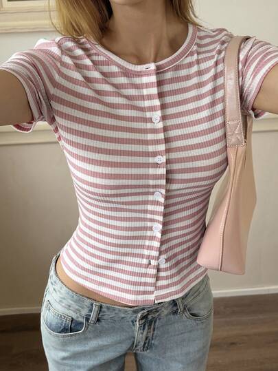 Livesso Women's Contrast Color Striped Round Neck Short Sleeve Outdoor T-Shirt