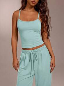 Avantive Women's Vacation Solid Color Camisole And Pants Casual Suit,Vacation Outfits Women,Summer Outfits For Women - Mint Green - View 7