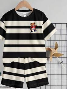 SHEIN 2件套男童休闲舒适时尚简约圆领短袖T恤短裤套装，经典酷炫条纹和足球熊图案印花，适合春夏穿着 - 彩色 - 查看 4