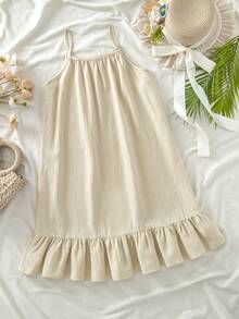 SHEIN Sparklyn Sleeveless Apricot Striped Slip Dress For Big Girls - Apricot - View 3