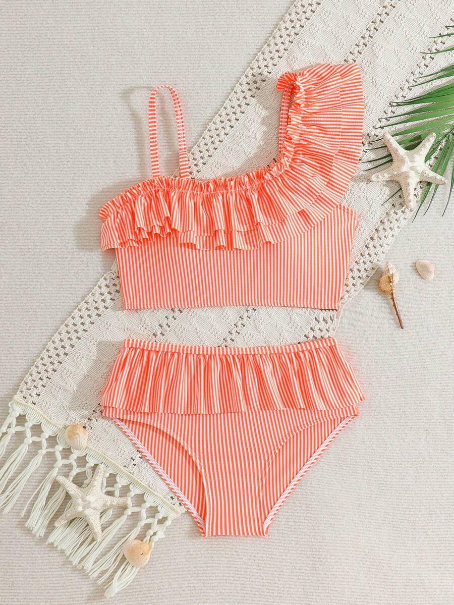 Tween Girls Bikini Sets, Blue & White Striped Cute Ruffled Asymmetric Shoulder Adjustable Strap Ruffled Hem Triangle Swimsuit Two Pieces Swimwear Set - Orange - View 1