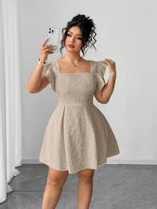 Elenzga Plus Size Summer Jacquard Square Collar Ruffle Hem Elegant Dress Beige Linen - Khaki - View 7
