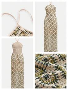 Maija Geometric Floral Print Halter Backless Mid-Length Dress,Beige Summer Boho Elegant Holiday Vacation Dinner Casual Country Concert Outfit For Women - Multicolor - View 8