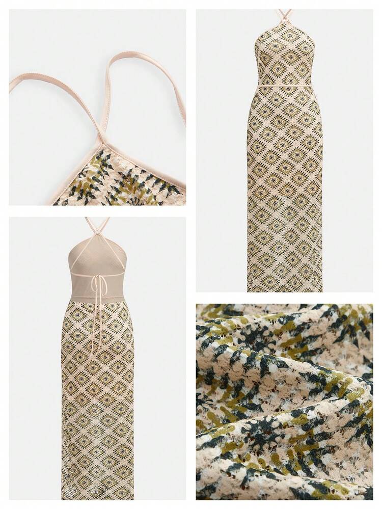 SHEIN Maija Geometric Floral Print Halter Backless Mid-Length Dress, Vacation Beach Casual Fashion Country Concert Outfit Zanea Dress For Woman Yisikado Dress Graphic