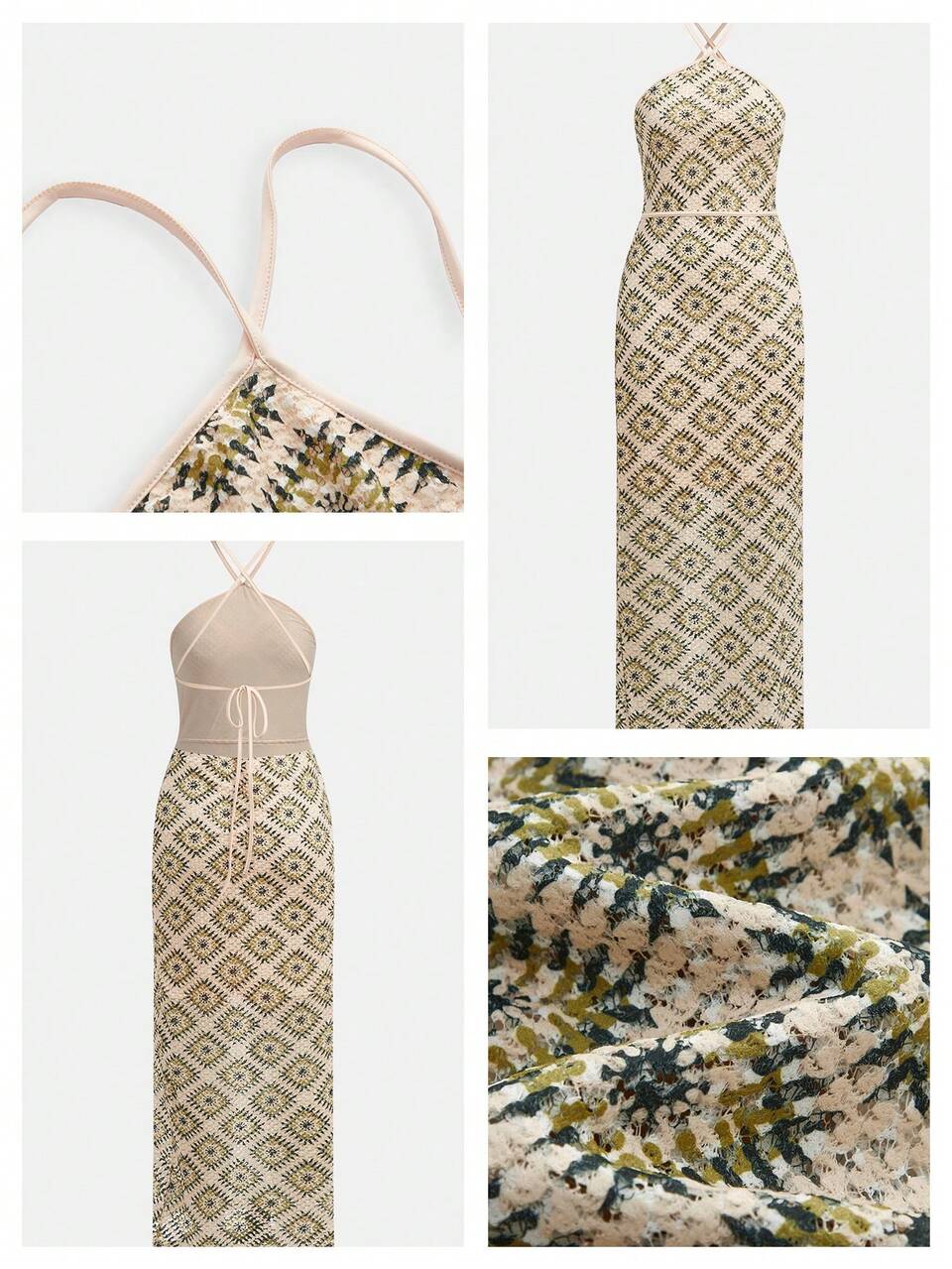 SHEIN Maija Geometric Floral Print Halter Backless Mid-Length Dress,Beige Summer Boho Elegant Holiday Vacation Dinner Casual Country Concert Outfit For Women