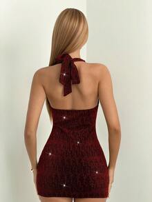 EgrlEra Vestido corto metalizado de tirantes finos y espalda descubierta - Burdeos - Ver 2