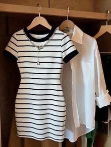 Airaco Women's Round Neck Short Sleeve Casual Striped Versatile Mini Dress, Summer - Black and White - View 3