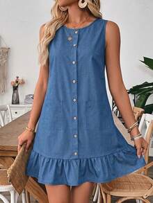 EMERY ROSE Women's Round Neck Single-Breasted Dual Pocket Ruffle Hem Sleeveless Casual Dress - Blue - View 4