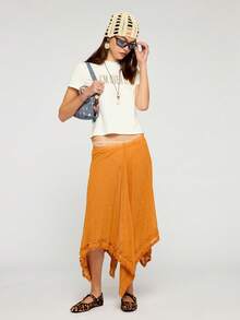 COUREZ Falda midi con volantes y bajo de pañuelo transparente / Conjuntos de verano Y2K para mujer Faldas de ganchillo Faldas largas Faldas de verano Atuendos para salir Atuendos de festival Ropa de verano para mujer - Naranja - Ver 4