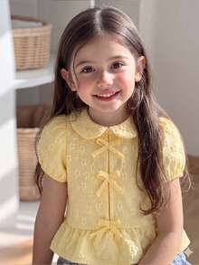 SHEIN Elladie kids 少女上衣，夏季花卉提花泡泡袖蝴蝶結領，時尚甜美可愛女孩套頭上衣 - 黃色 - 查看 4