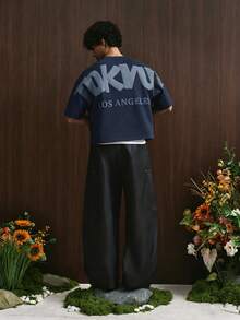 TOKVUE 男士字母印花宽松圆领短袖T恤，夏季款 - 藏蓝色 - 查看 3