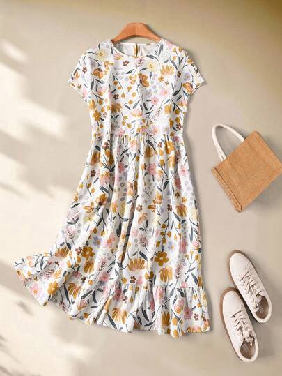 Rusticease Floral Loose Dress Women's Casual Floral Print Ruffle Hem Short Dress, Summer Outfits Festival Outfit Women  Party Dresses For Women  Going Out Outfits Elegant  Holiday Outfits