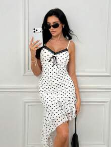 SHEIN Black And White Polka Dot Asymmetrical Ruffle Hem Spaghetti Strap Midi Dress For Women, Summer Slimming Bowknot Midi Dress, Suitable For Vacation, Date, Girlfriend Gathering, Afternoon Tea, French Romantic - Black and White - View 1