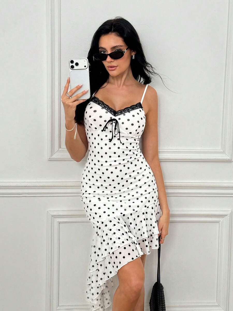 SHEIN Black And White Polka Dot Asymmetrical Ruffle Hem Spaghetti Strap Midi Dress For Women, Summer Slimming Bowknot Midi Dress, Suitable For Vacation, Date, Girlfriend Gathering, Afternoon Tea, French Romantic - Black and White - View 1