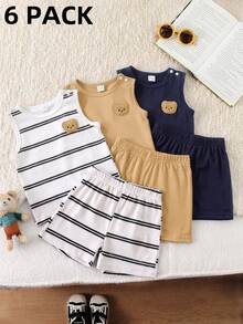 SHEIN Playful Pals 3件套男婴/男女通用婴儿幼儿新生儿0-3岁条纹纯色三件套，包括圆领无袖小熊刺绣背心和短裤，夏季休闲可爱套装 - 彩色 - 查看 9