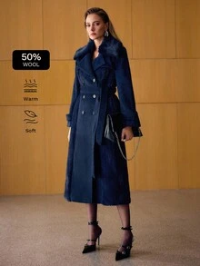 MOTF PREMIUM WOOL DOUBLE BREASTED BELTED OVERCOAT - Navy Blue - View 1