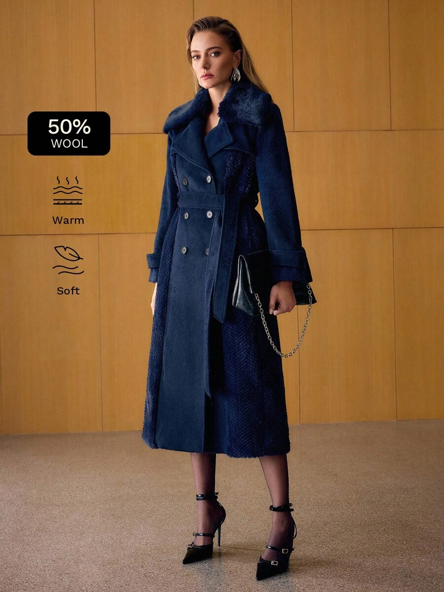 MOTF PREMIUM WOOL DOUBLE BREASTED BELTED OVERCOAT - Navy Blue - View 1