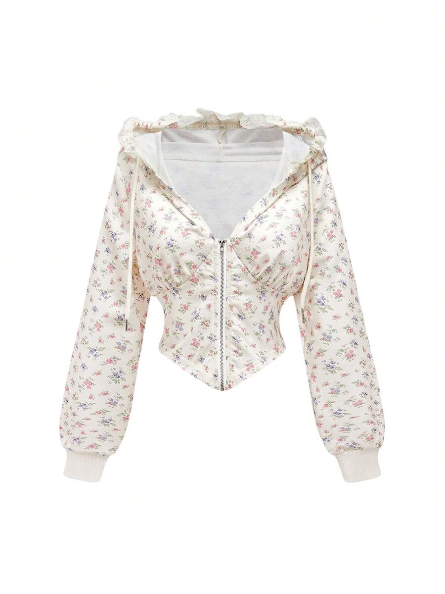 ROMWE Kawaii Plus Size Women Cottagecore Style Cute Floral Lace Bowknot Trim Sweatshirt,Fall Clothes For Women - Apricot - View 1