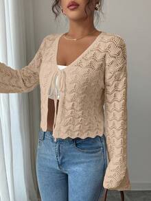 Flora Isola Flora Isola Women's Elegant Tie-Front Hollow Out Cardigan - Khaki - View 7