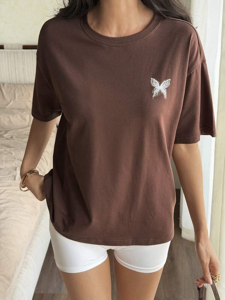 Women's Summer Round Neck Printed Casual Vacation Style Brown Short Sleeve T-Shirt